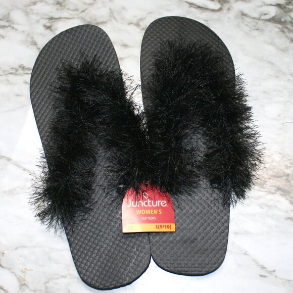 HAND CRAFTED Flip Flop Padded Thong Crochet Faux Fur Eyelash Yarn Black Shoes - Picture 1 of 11